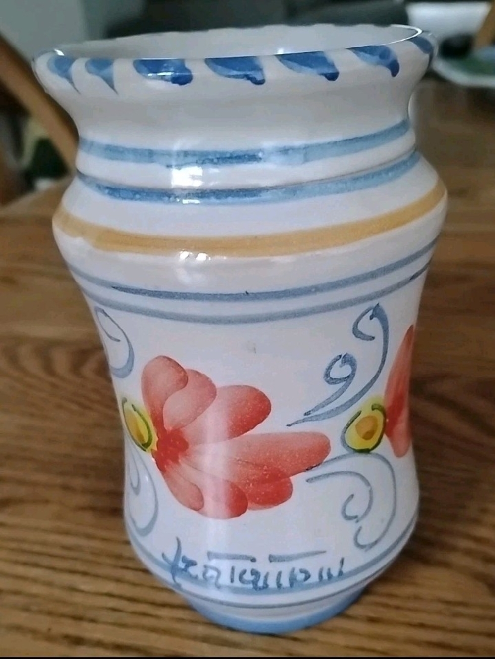 Vintage Vietri Italy Art Pottery 5" Vase Blue Red Floral Signed Excellent Stripe